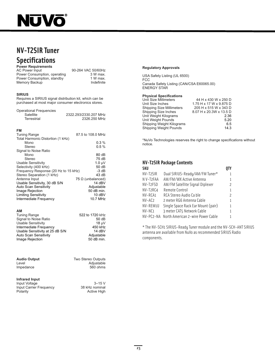 Specifications, Nv-t2sir tuner specifications, Nv-t2sir package contents | Nuvo NV-T2SIR User Manual | Page 28 / 30