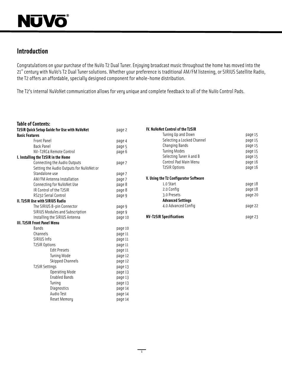 Intro and table of contents, Introduction | Nuvo NV-T2SIR User Manual | Page 6 / 30