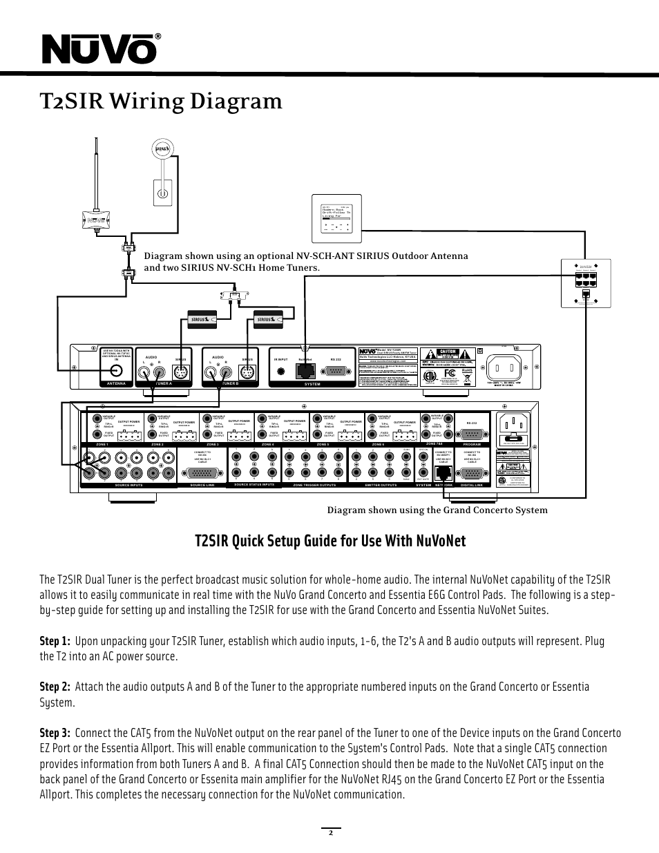 Wiring diagram/quick setup, T2sir wiring diagram, T2sir quick setup guide for use with nuvonet | Menu ok | Nuvo NV-T2SIR User Manual | Page 7 / 30
