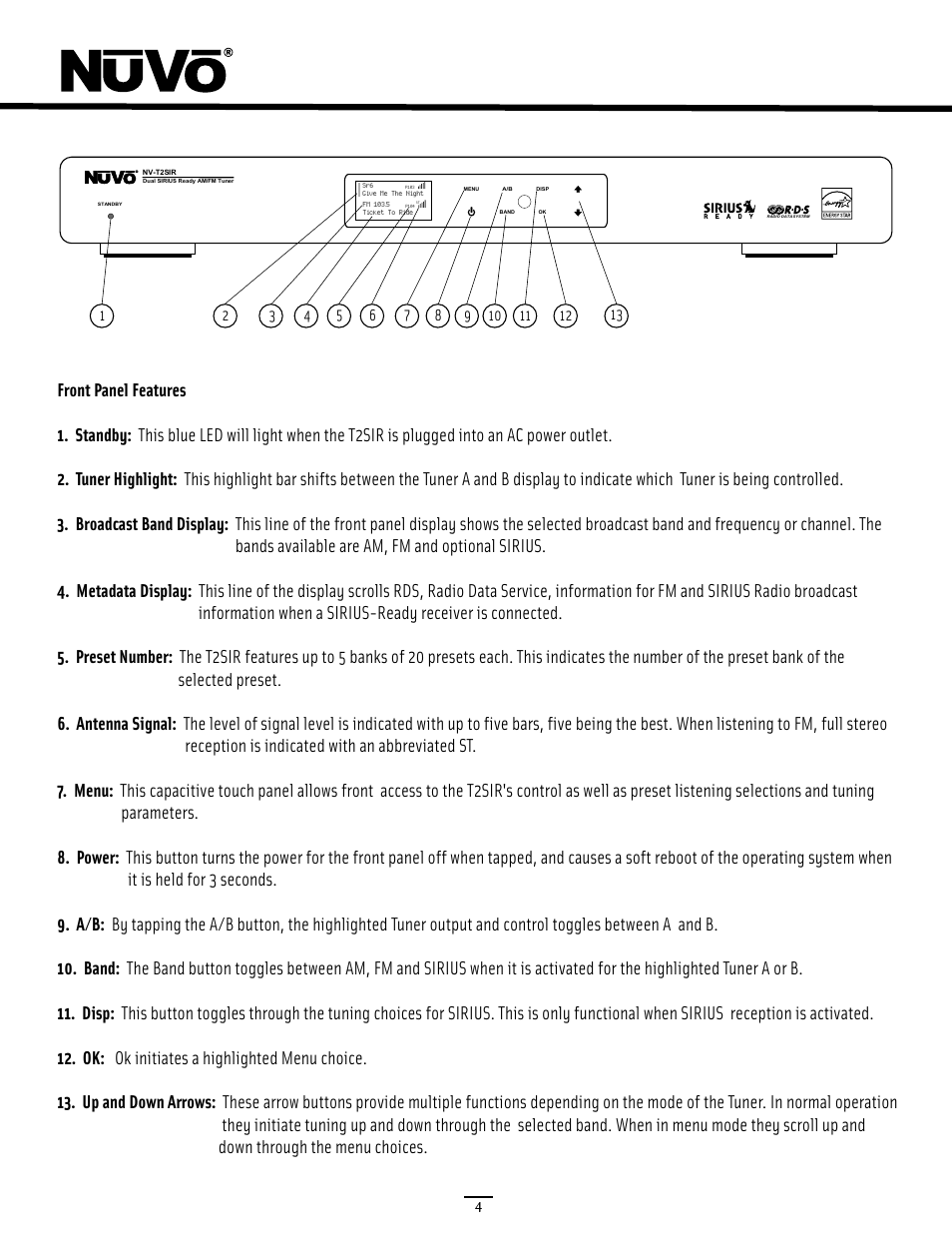 Front panel | Nuvo NV-T2SIR User Manual | Page 9 / 30