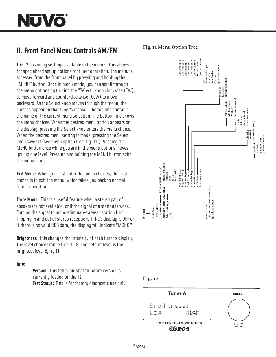 Ii. front panel menu controls am/fm, Brightness: low _____ high, Fig. 12 | Tuner a, Page 13, Me n u | Nuvo T2 User Manual | Page 14 / 32