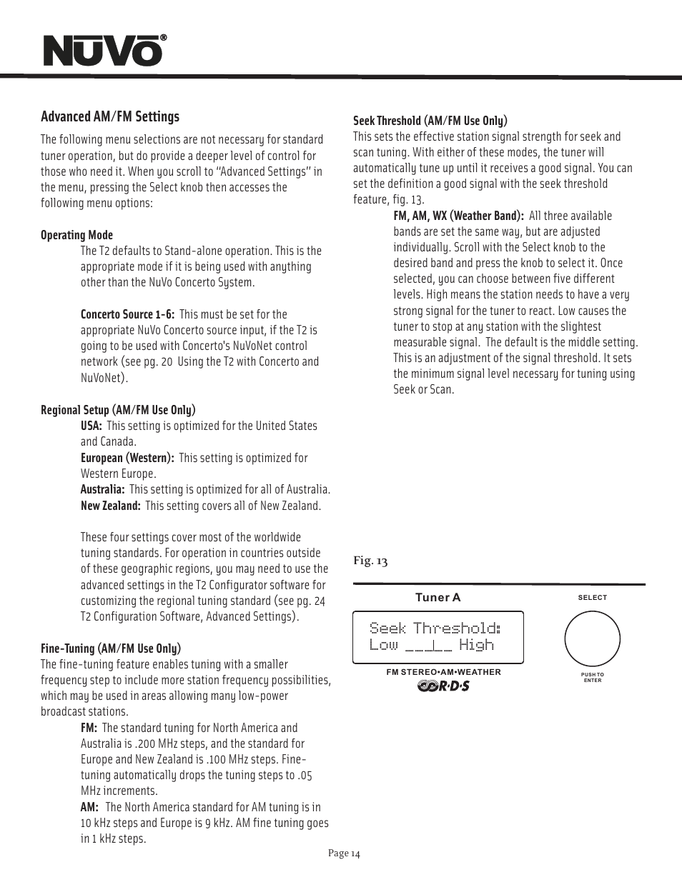 Seek threshold: low _____ high, Advanced am/fm settings | Nuvo T2 User Manual | Page 15 / 32