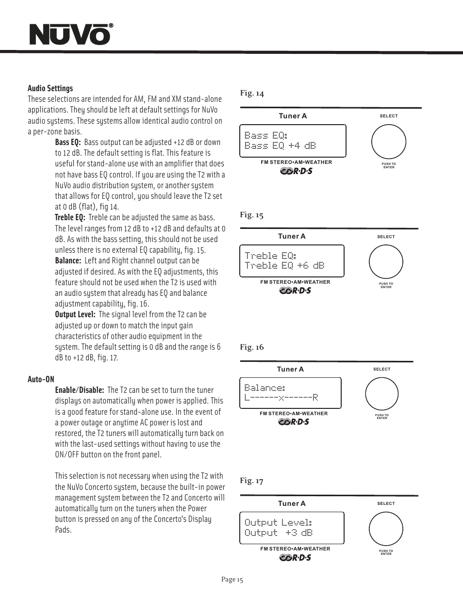 Bass eq: bass eq +4 db, Treble eq: treble eq +6 db, Output level: output +3 db | Balance: l------x------r | Nuvo T2 User Manual | Page 16 / 32