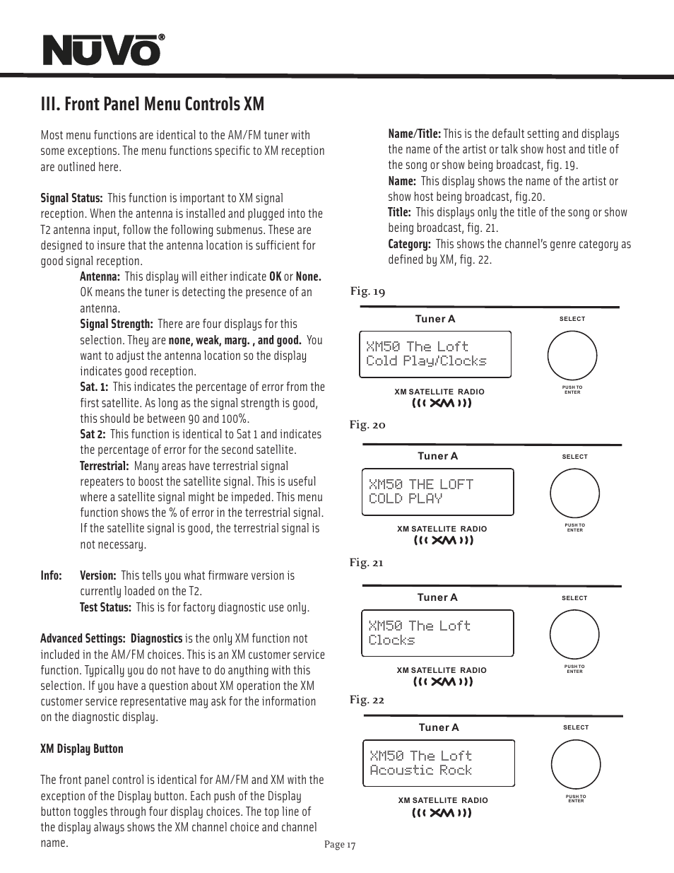 Iii. front panel menu controls xm, Xm50 the loft cold play/clocks, Xm50 the loft cold play | Xm50 the loft clocks, Xm50 the loft acoustic rock | Nuvo T2 User Manual | Page 18 / 32