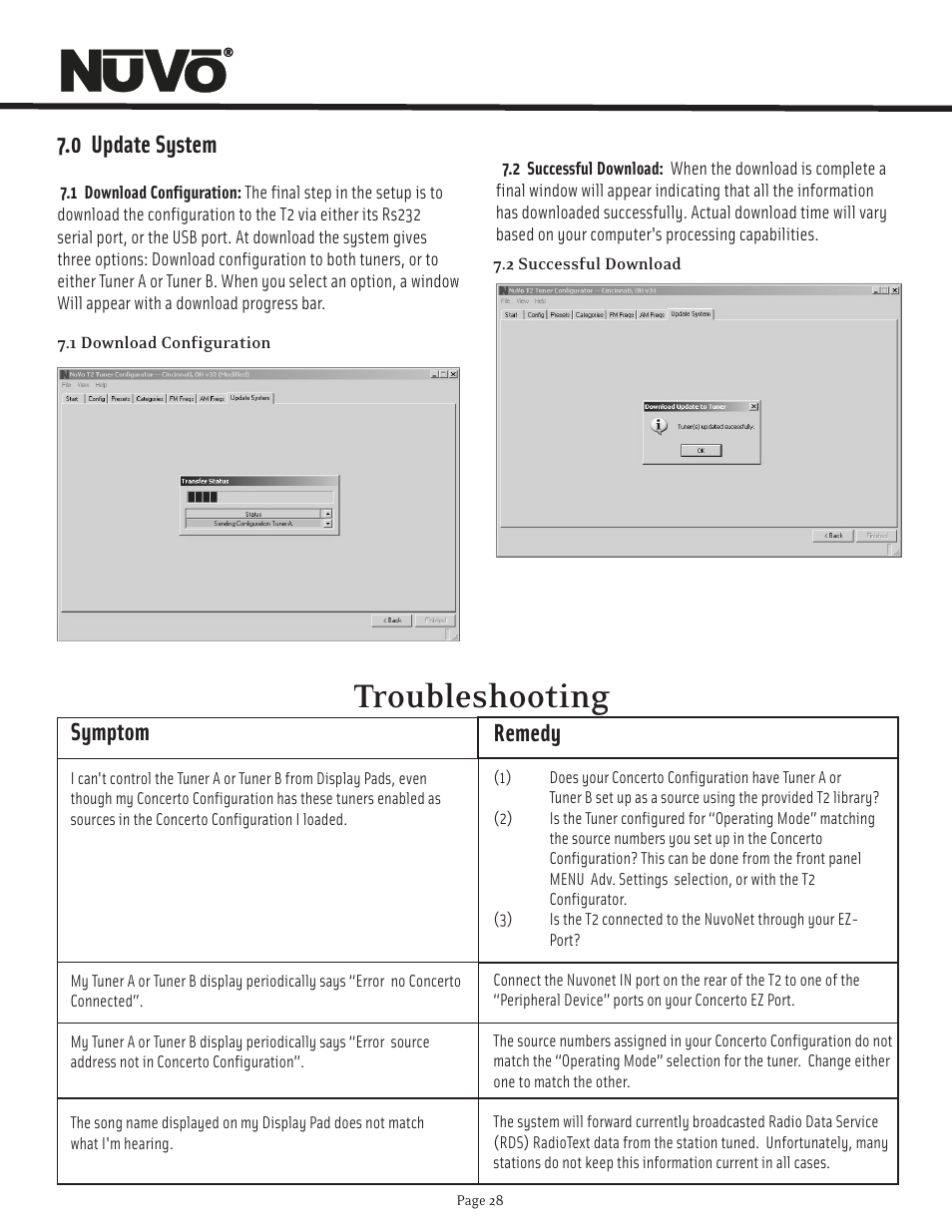 Troubleshooting, Symptom, Remedy | 0 update system | Nuvo T2 User Manual | Page 29 / 32