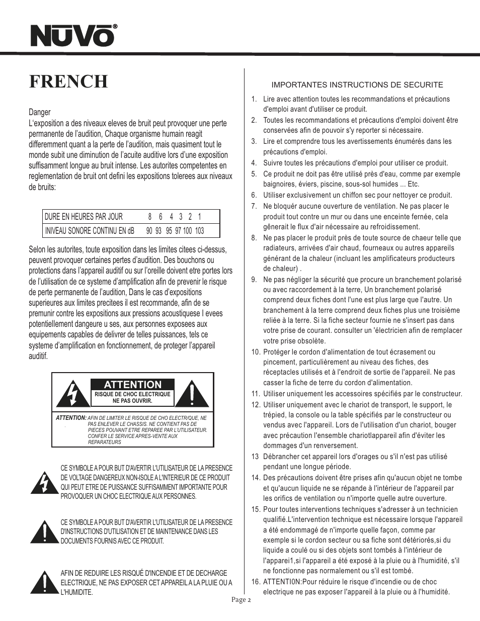 French, Attention | Nuvo T2 User Manual | Page 3 / 32