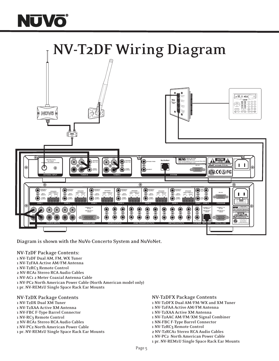 Nv-t2df wiring diagram, Nv-t2dx package contents, Nv-t2dfx package contents | Page 5, System on do not disturb | Nuvo T2 User Manual | Page 6 / 32