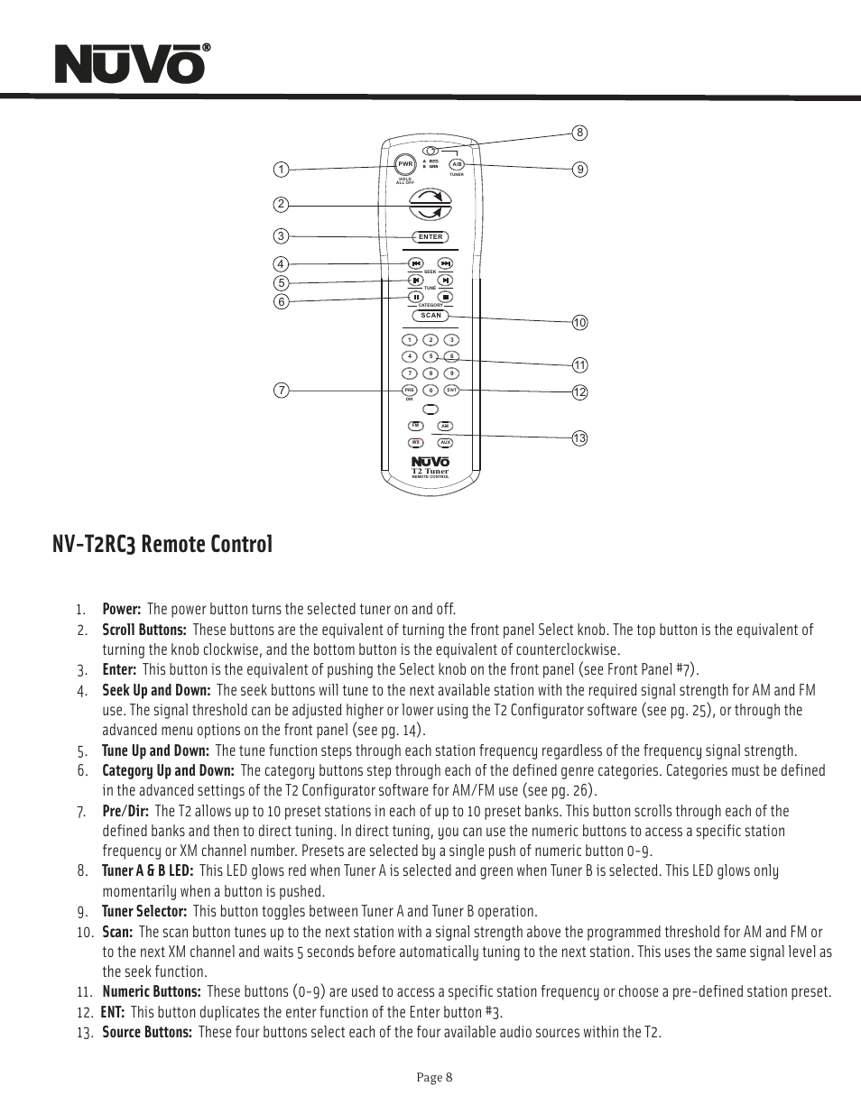 Nv-t2rc3 remote control, Page 8 | Nuvo T2 User Manual | Page 9 / 32