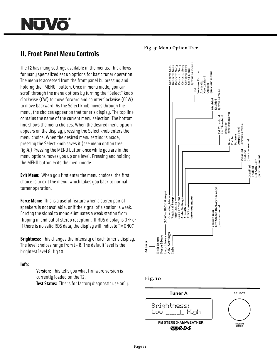 Ii. front panel menu controls, Brightness: low _____ high, Fig. 9: menu option tree | Fig. 10, Tuner a, Page 11, Me n u | Nuvo NV-T2DF User Manual | Page 11 / 25