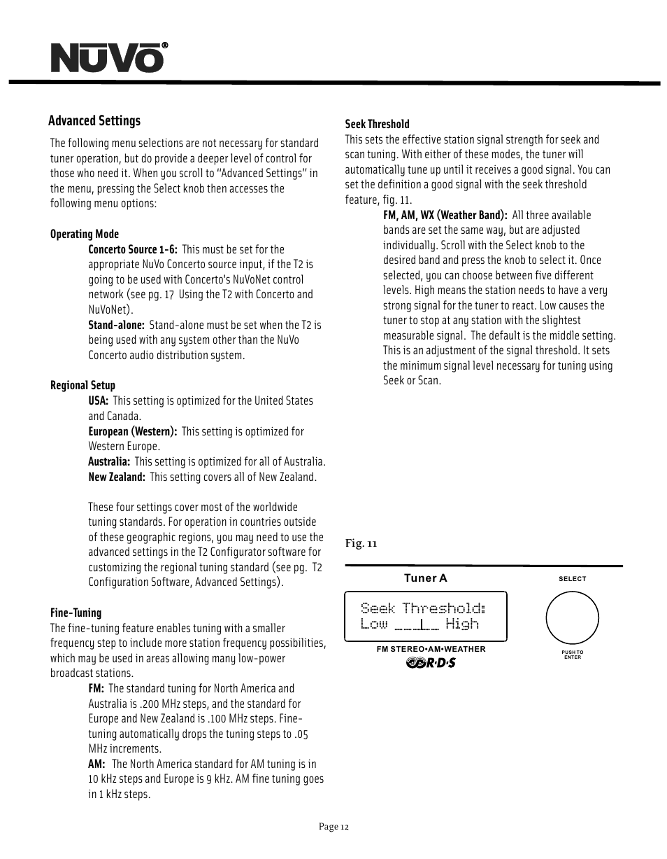 Seek threshold: low _____ high, Advanced settings | Nuvo NV-T2DF User Manual | Page 12 / 25