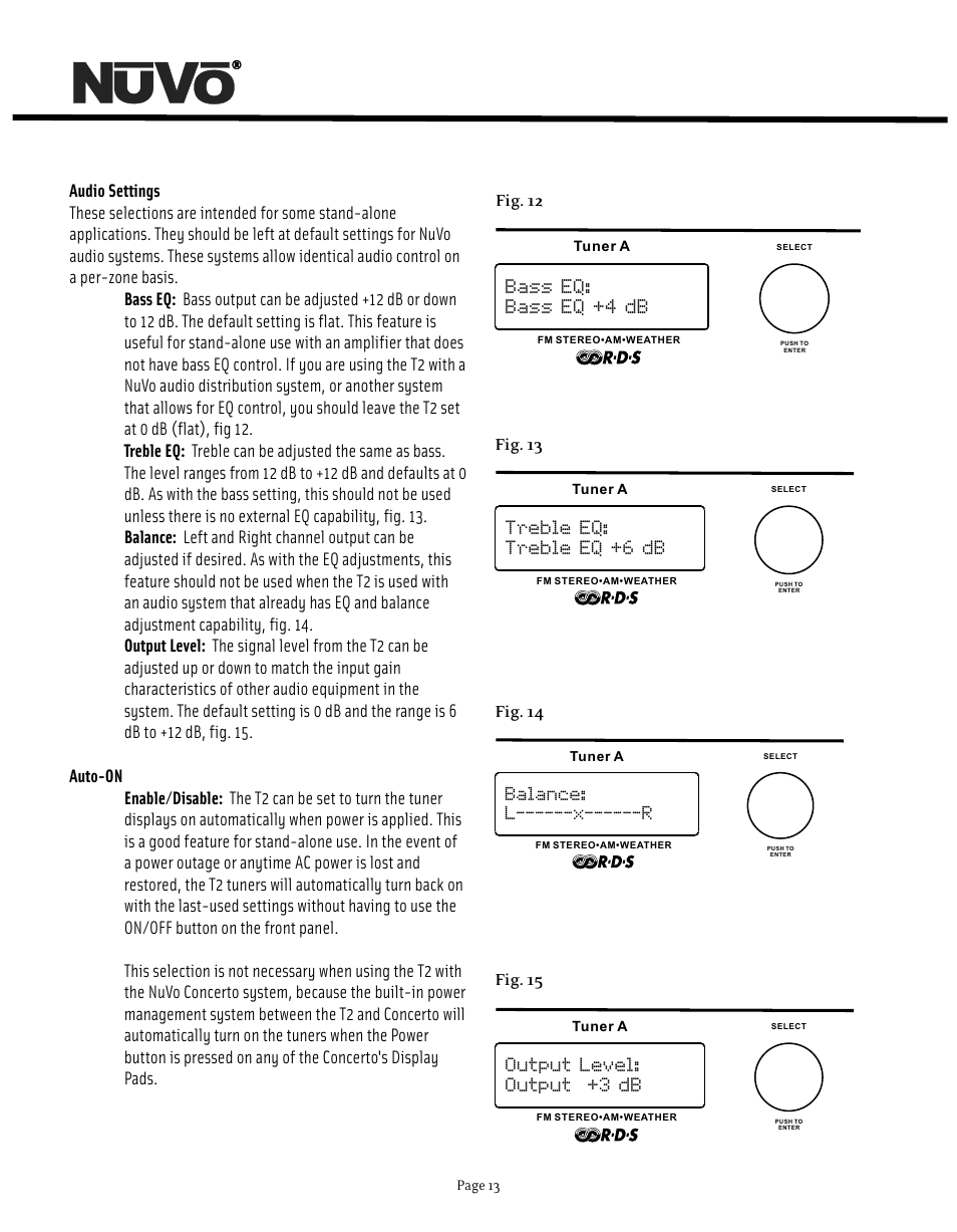 Bass eq: bass eq +4 db, Treble eq: treble eq +6 db, Balance: l------x------r | Output level: output +3 db | Nuvo NV-T2DF User Manual | Page 13 / 25