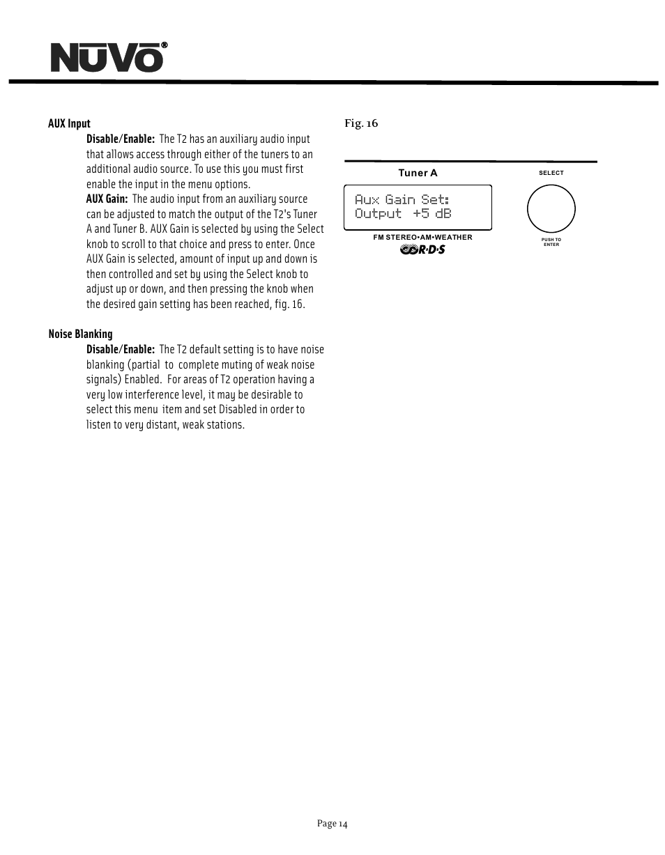 Aux gain set: output +5 db | Nuvo NV-T2DF User Manual | Page 14 / 25