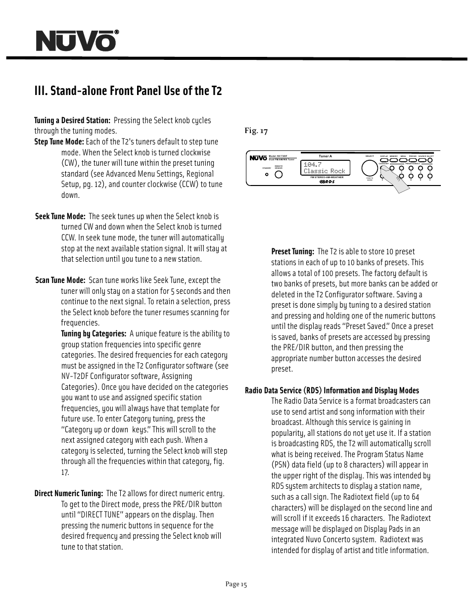 Iii. stand-alone front panel use of the t2, Page 15, 7 classic rock | Nuvo NV-T2DF User Manual | Page 15 / 25