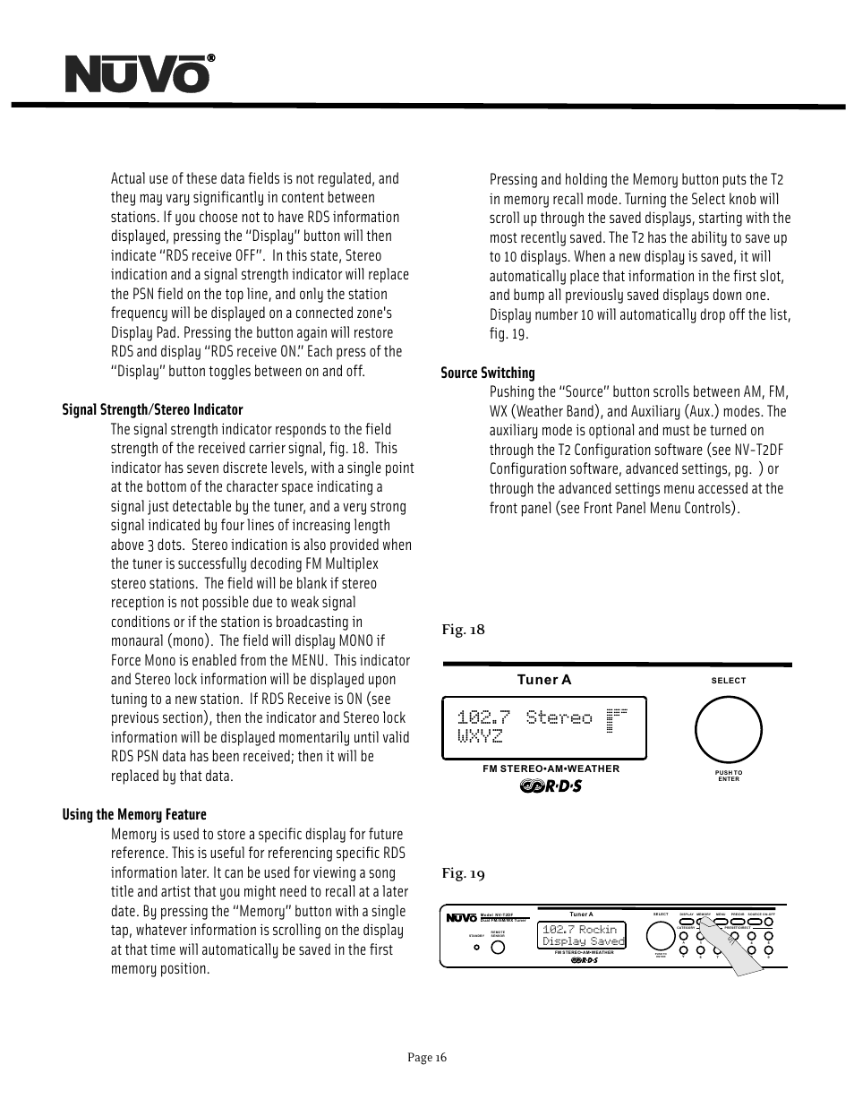 7 stereo wxyz, Fig. 18 fig. 19, Tuner a | Page 16, 7 rockin display saved | Nuvo NV-T2DF User Manual | Page 16 / 25
