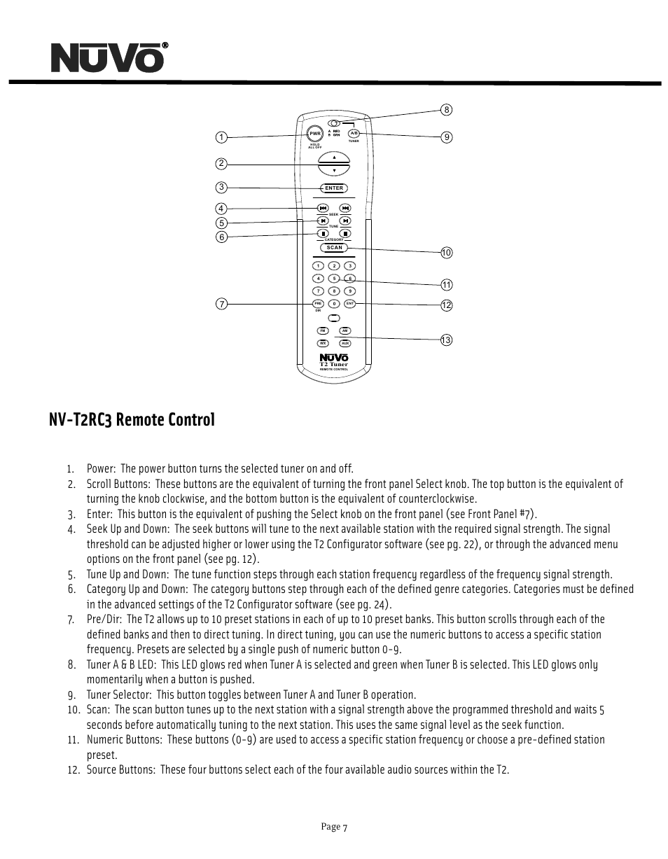 Nv-t2rc3 remote control, Page 7 | Nuvo NV-T2DF User Manual | Page 7 / 25