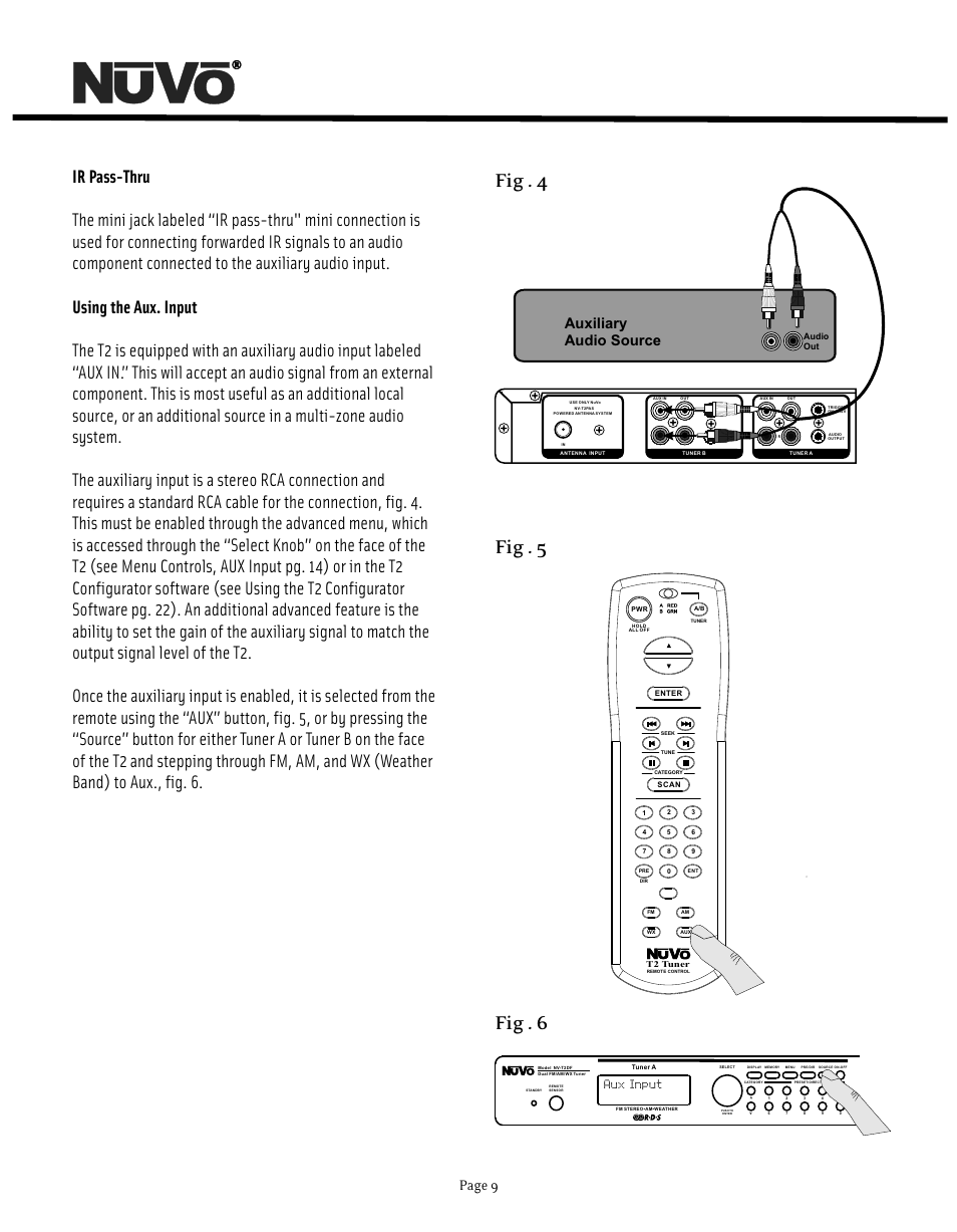 Fig . 4 fig . 5 fig . 6, Page 9, Auxiliary audio source | Aux input | Nuvo NV-T2DF User Manual | Page 9 / 25
