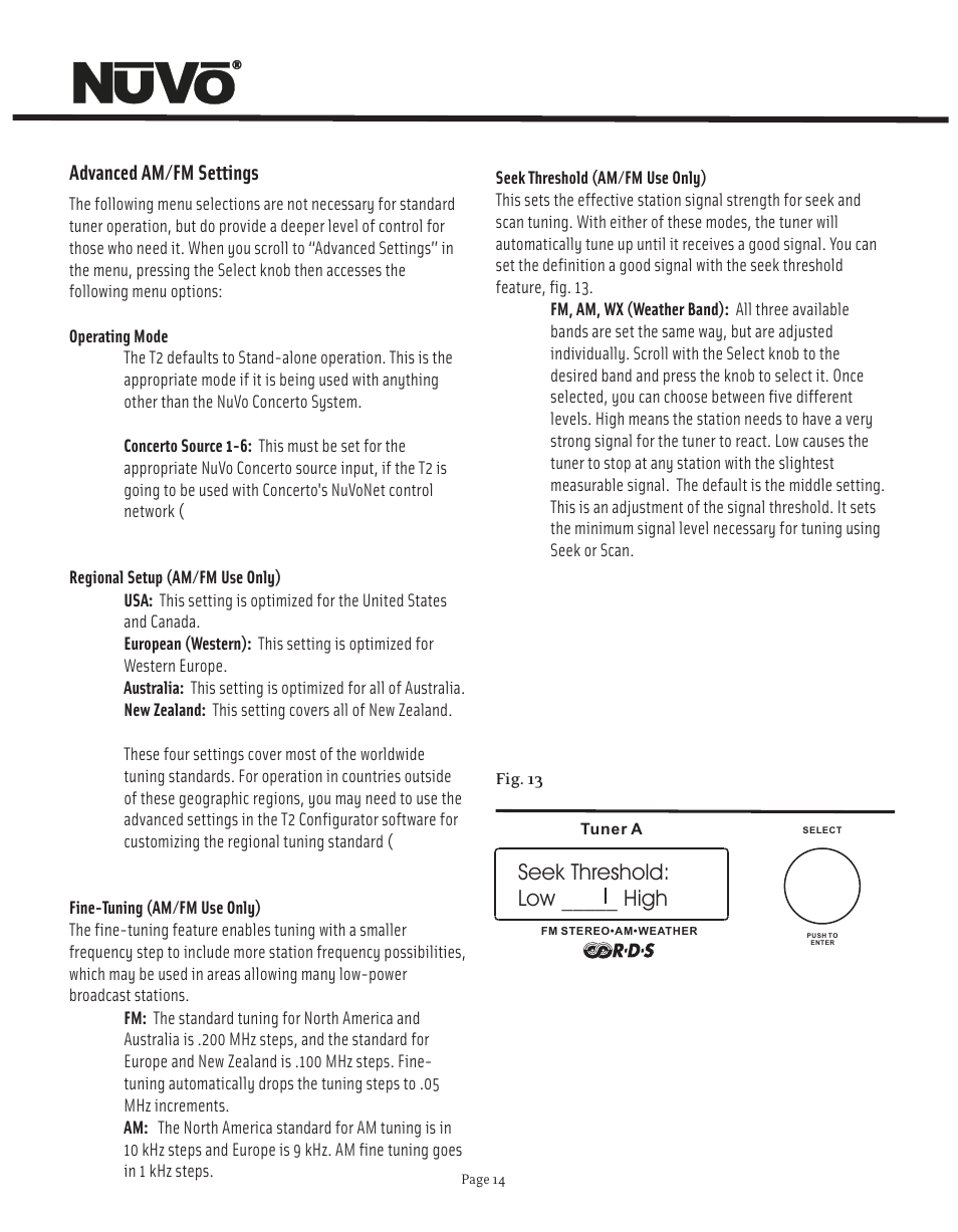 Seek threshold: low _____ high, Advanced am/fm settings | Nuvo NV-T2FX User Manual | Page 15 / 32