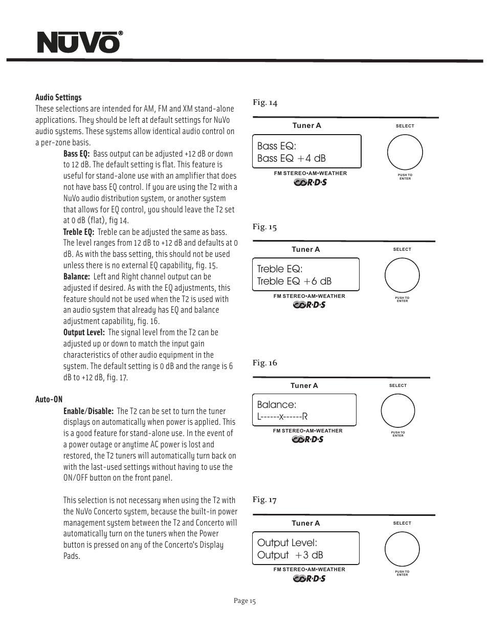 Bass eq: bass eq +4 db, Treble eq: treble eq +6 db, Balance: l------x------r | Output level: output +3 db | Nuvo NV-T2FX User Manual | Page 16 / 32