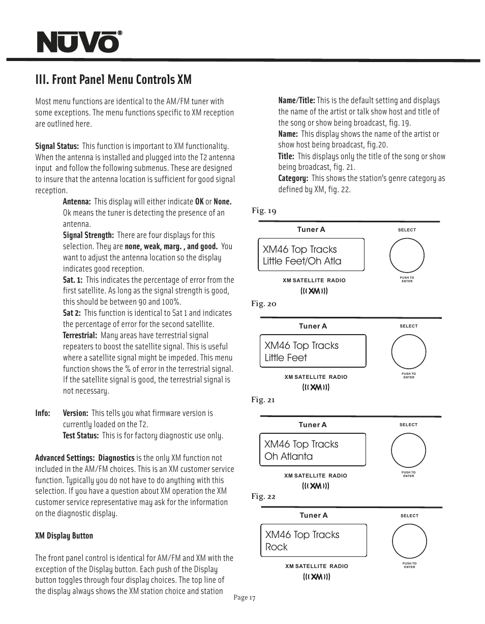 Iii. front panel menu controls xm, Xm46 top tracks little feet/oh atla, Xm46 top tracks little feet | Xm46 top tracks oh atlanta, Xm46 top tracks rock | Nuvo NV-T2FX User Manual | Page 18 / 32