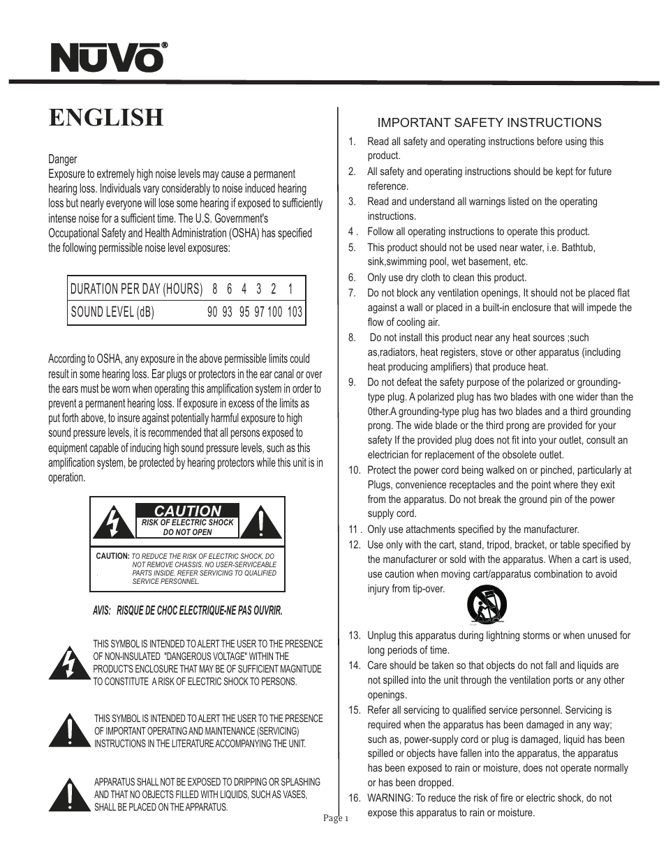 English, Caution | Nuvo NV-T2FX User Manual | Page 2 / 32