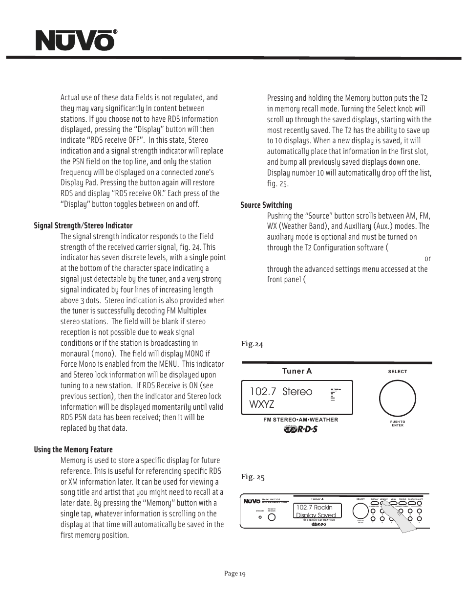 7 stereo wxyz, Fig.24 fig. 25, Tuner a | Page 19, 7 rockin display saved | Nuvo NV-T2FX User Manual | Page 20 / 32