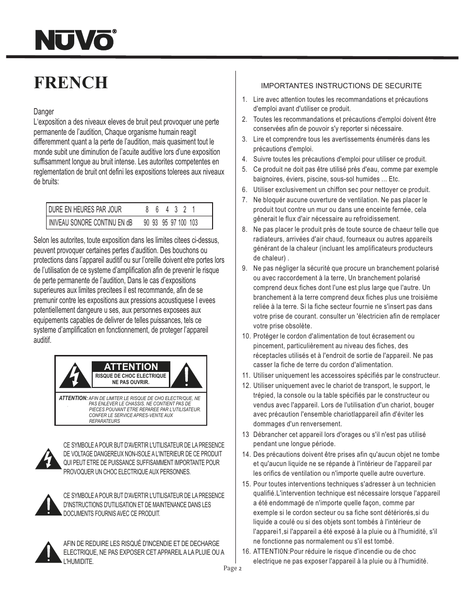 French, Attention | Nuvo NV-T2FX User Manual | Page 3 / 32