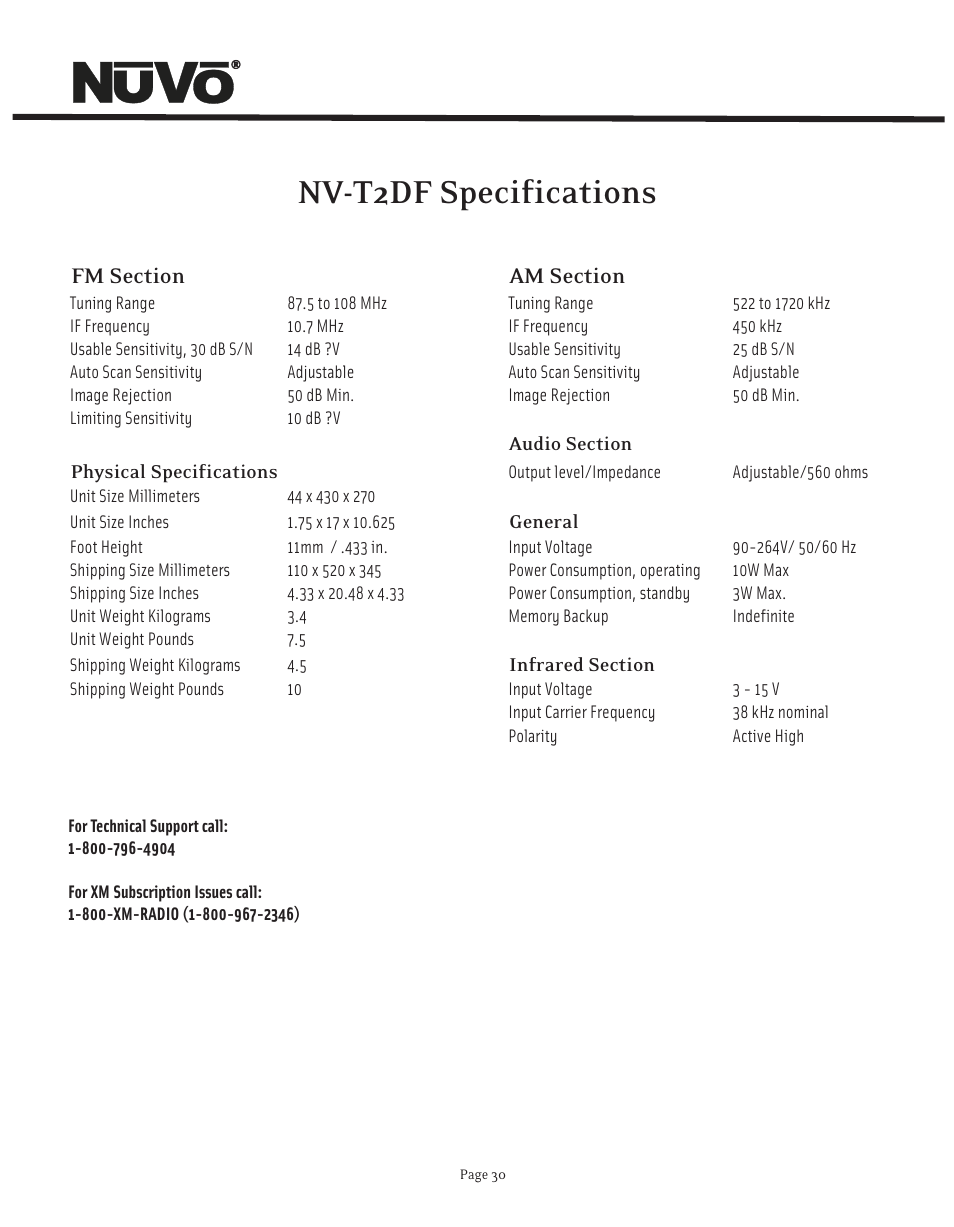 Nv-t2df specifications | Nuvo NV-T2FX User Manual | Page 31 / 32