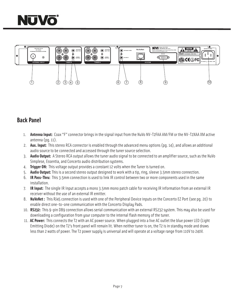 Back panel, Page 7 | Nuvo NV-T2FX User Manual | Page 8 / 32