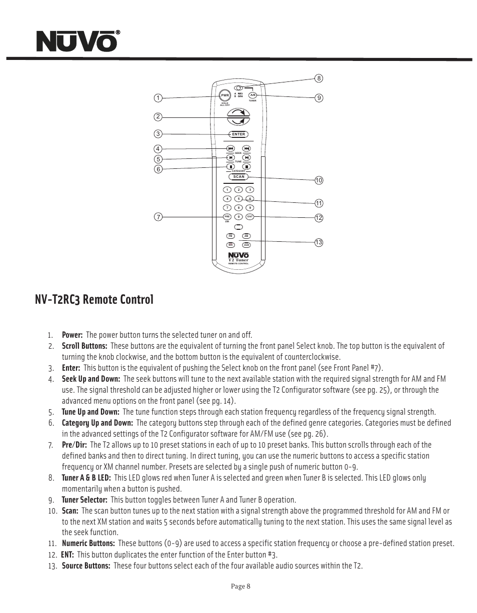 Nv-t2rc3 remote control, Page 8 | Nuvo NV-T2FX User Manual | Page 9 / 32