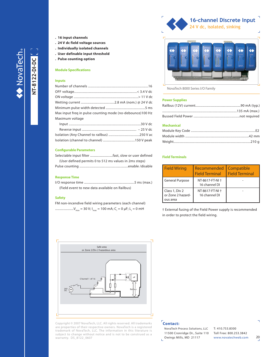 Nt -8122-di-dc, Channel discrete input, 24 v dc, isolated, sinking | NotaTech 8000SeriesI/O User Manual | Page 20 / 28