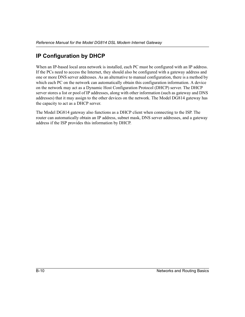 Ip configuration by dhcp, For an explanation of dhc | NETGEAR DG814 DSL User Manual | Page 100 / 112