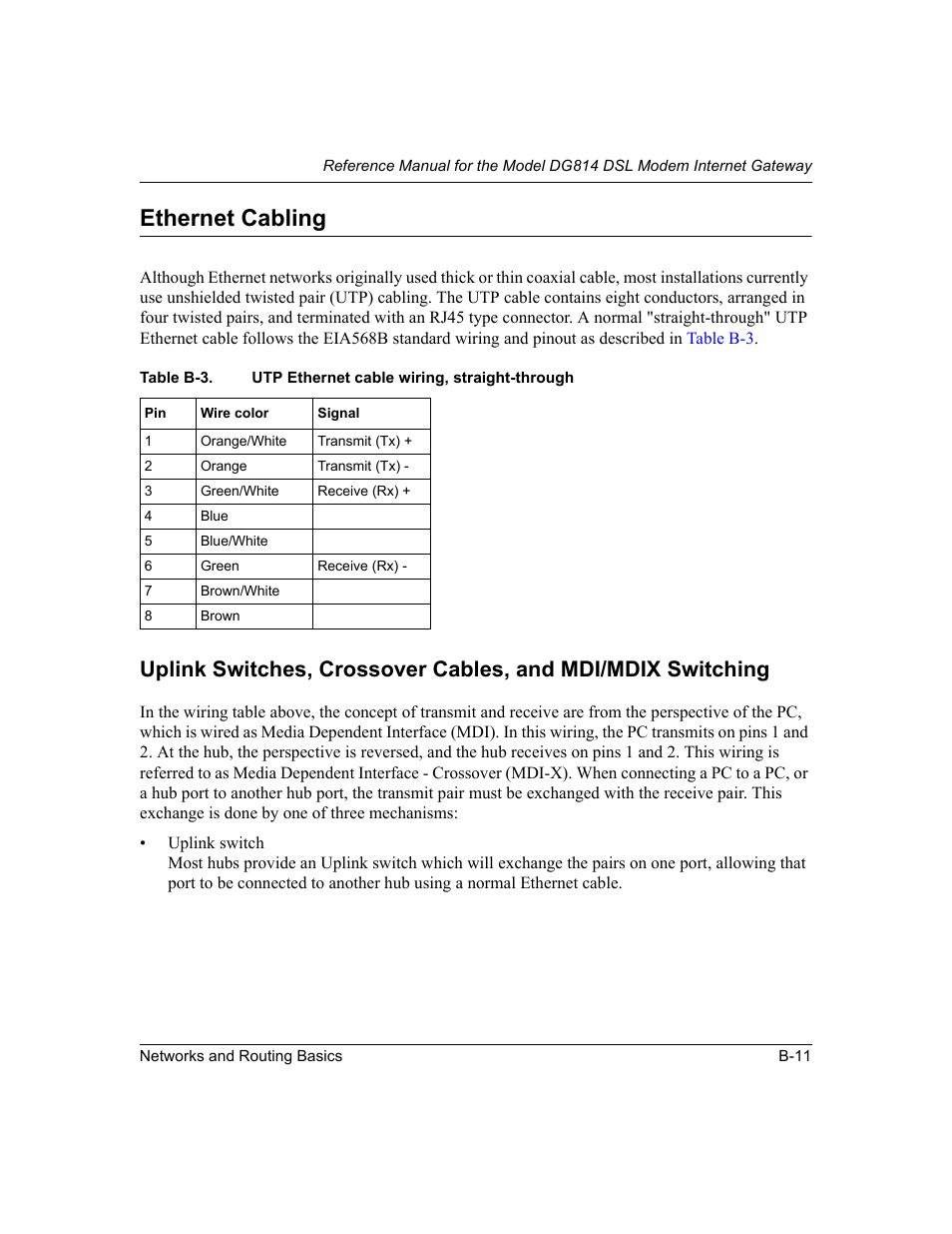 Ethernet cabling, Table b-3 | NETGEAR DG814 DSL User Manual | Page 101 / 112