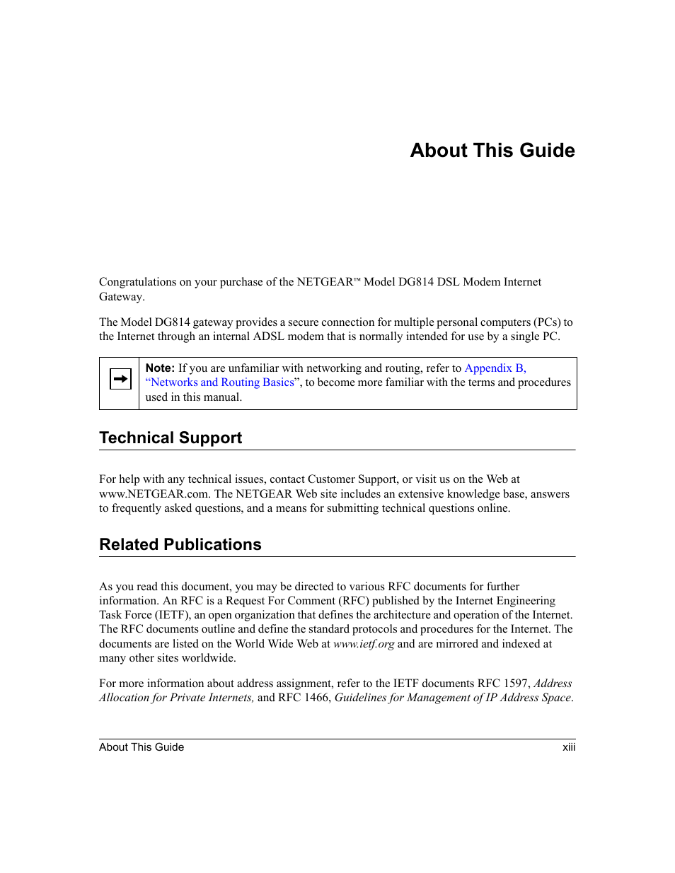 About this guide, Technical support, Related publications | NETGEAR DG814 DSL User Manual | Page 13 / 112