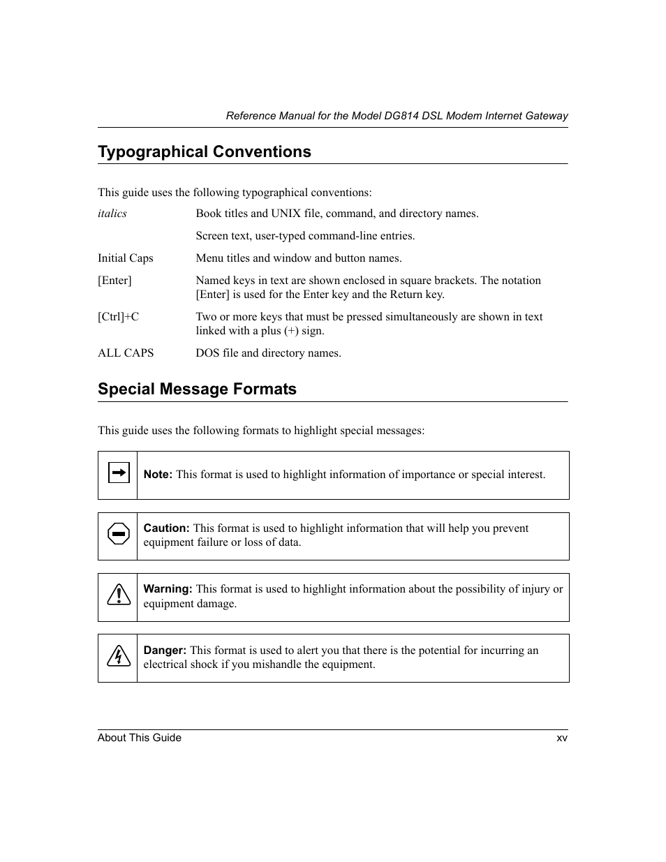 Typographical conventions, Special message formats | NETGEAR DG814 DSL User Manual | Page 15 / 112