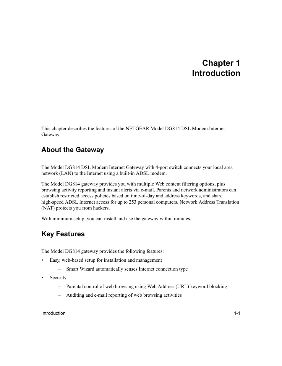 Chapter1 introduction, About the gateway, Key features | Chapter 1 introduction, About the gateway -1 key features -1 | NETGEAR DG814 DSL User Manual | Page 17 / 112