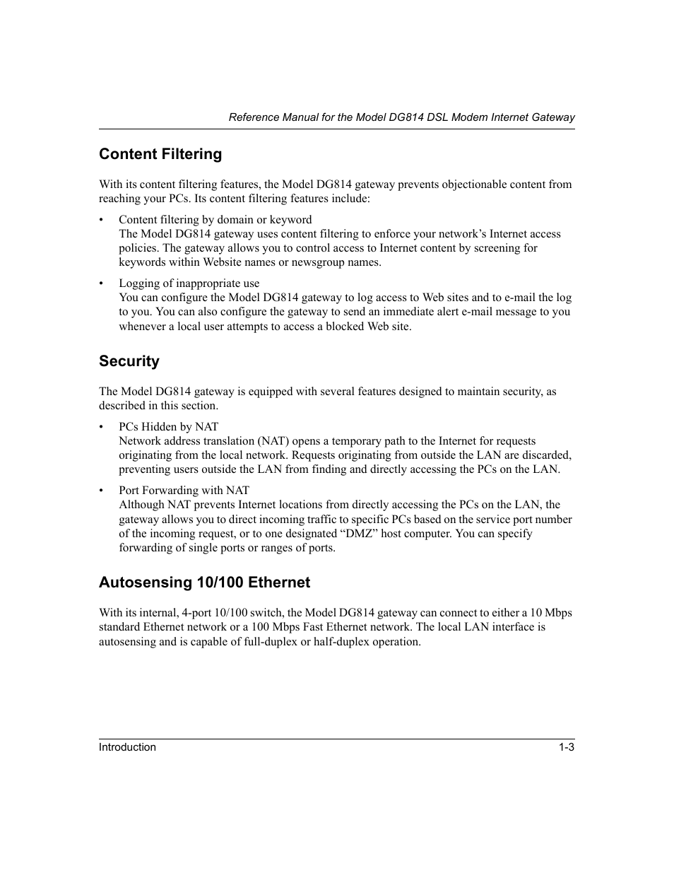 Content filtering, Security, Autosensing 10/100 ethernet | NETGEAR DG814 DSL User Manual | Page 19 / 112