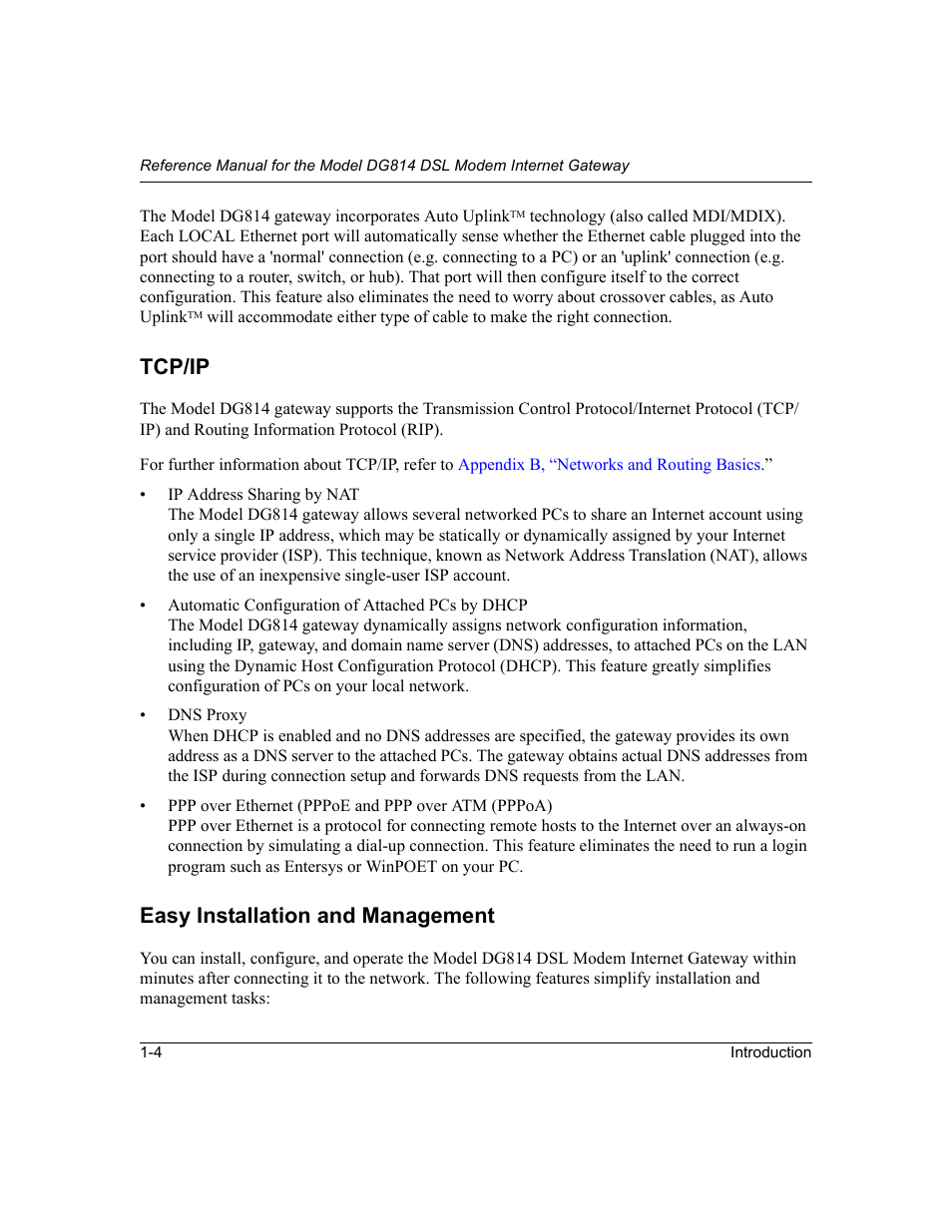Tcp/ip, Easy installation and management, Tcp/ip -4 easy installation and management -4 | NETGEAR DG814 DSL User Manual | Page 20 / 112