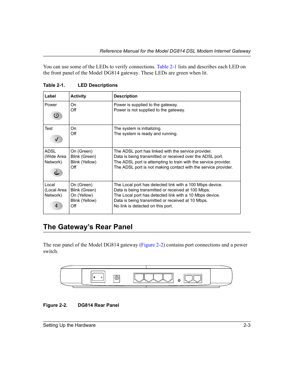 The gateway’s rear panel, The gateway’s rear panel -3, Figure 2-2 | Dg814 rear panel -3, Table 2-1, Led descriptions -3 | NETGEAR DG814 DSL User Manual | Page 25 / 112