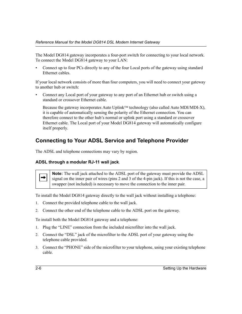 Adsl through a modular rj-11 wall jack, Adsl through a modular rj-11 wall jack -6 | NETGEAR DG814 DSL User Manual | Page 28 / 112