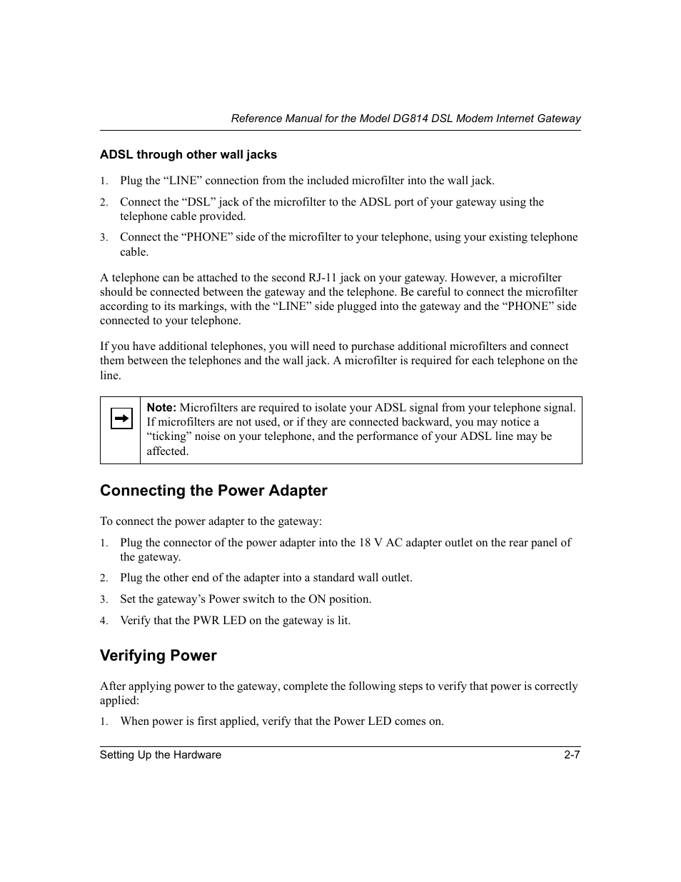 Adsl through other wall jacks, Connecting the power adapter, Verifying power | Adsl through other wall jacks -7, Connecting the power adapter -7, Verifying power -7 | NETGEAR DG814 DSL User Manual | Page 29 / 112