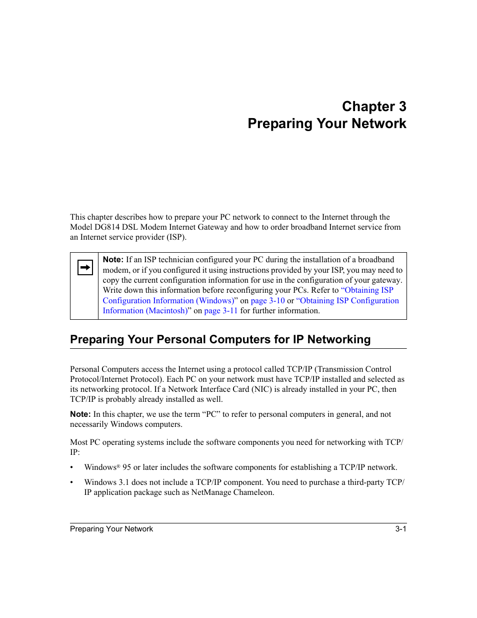 Chapter3 preparing your network, Chapter 3 preparing your network | NETGEAR DG814 DSL User Manual | Page 31 / 112