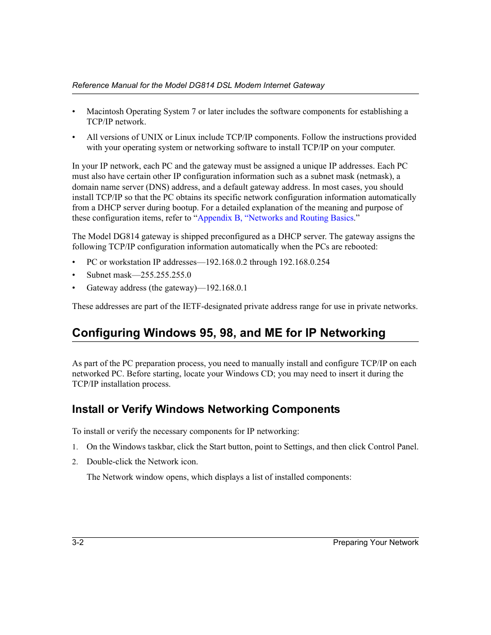 Install or verify windows networking components, Install or verify windows networking components -2 | NETGEAR DG814 DSL User Manual | Page 32 / 112