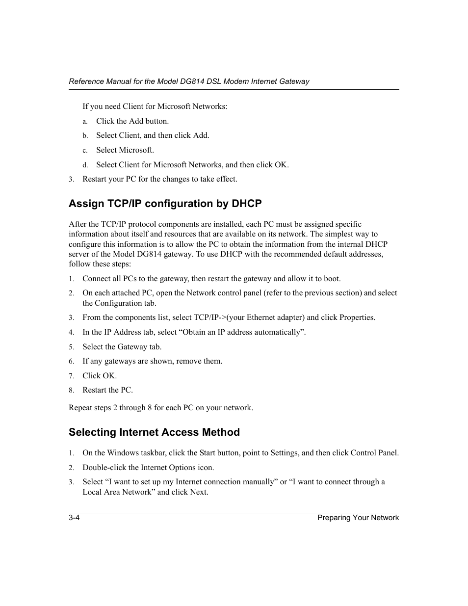 Assign tcp/ip configuration by dhcp, Selecting internet access method | NETGEAR DG814 DSL User Manual | Page 34 / 112