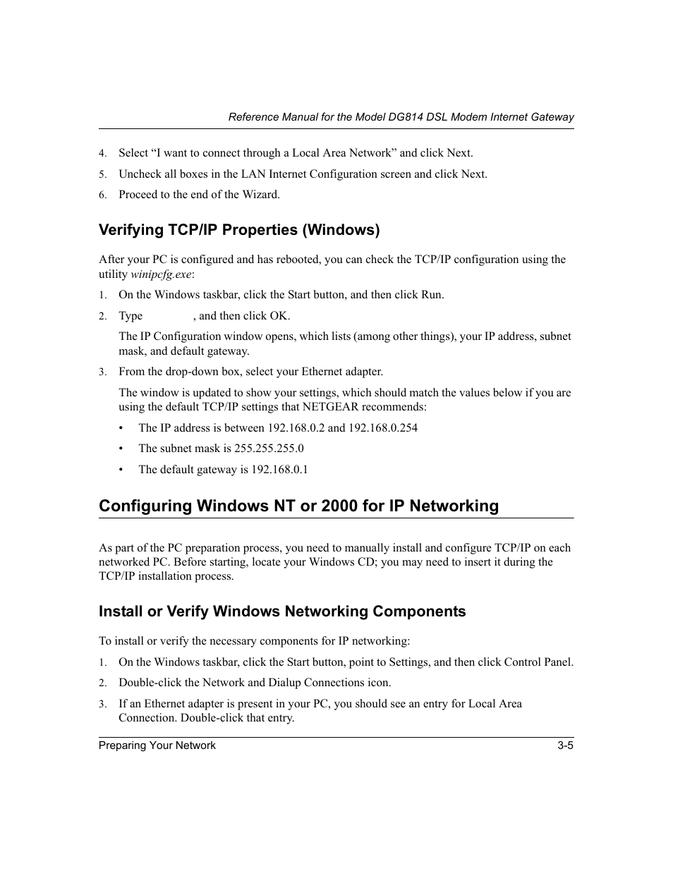 Verifying tcp/ip properties (windows), Configuring windows nt or 2000 for ip networking, Install or verify windows networking components | Verifying tcp/ip properties (windows) -5, Install or verify windows networking components -5 | NETGEAR DG814 DSL User Manual | Page 35 / 112