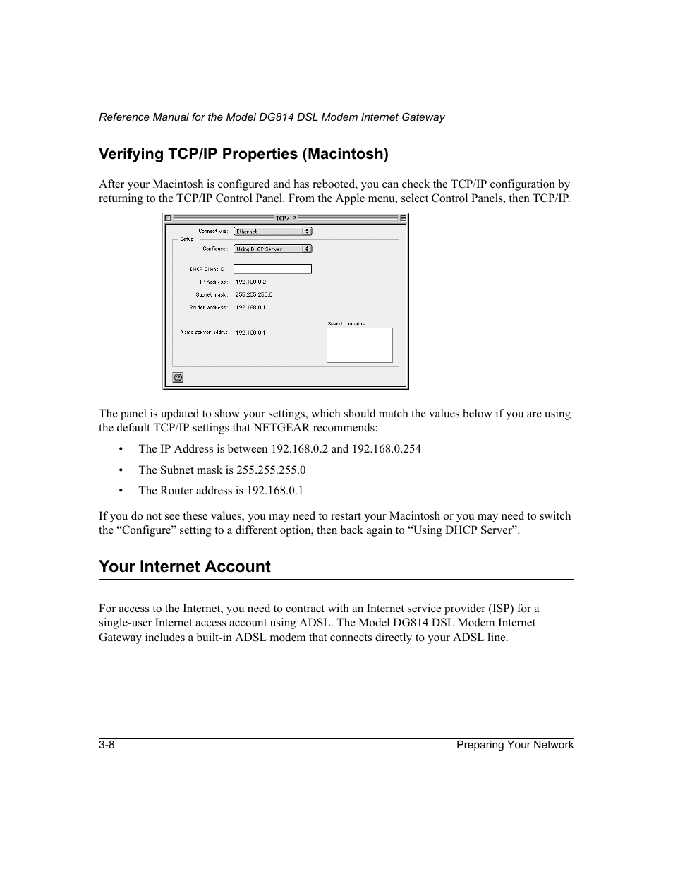 Verifying tcp/ip properties (macintosh), Your internet account, Verifying tcp/ip properties (macintosh) -8 | Your internet account -8 | NETGEAR DG814 DSL User Manual | Page 38 / 112