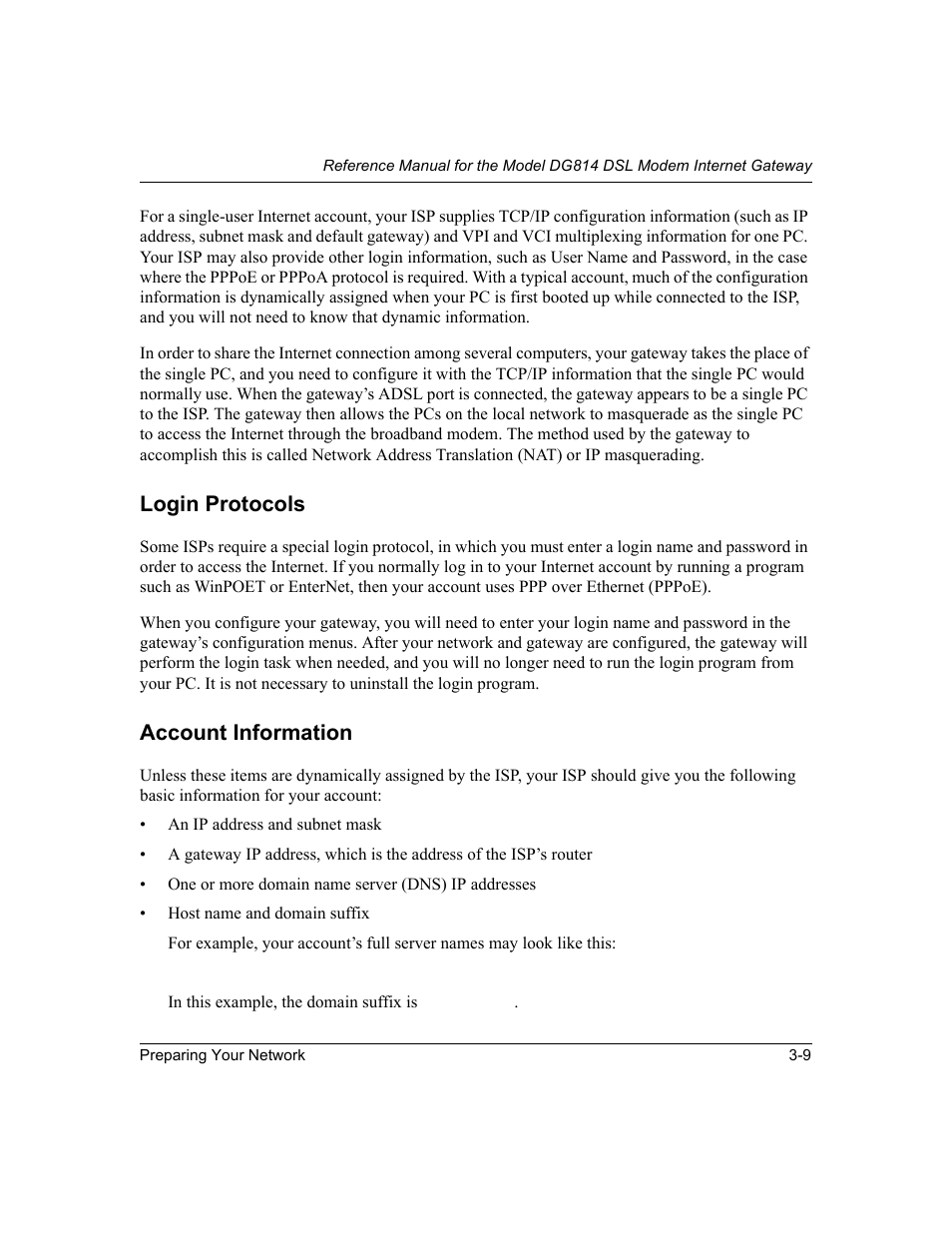 Login protocols, Account information, Login protocols -9 account information -9 | NETGEAR DG814 DSL User Manual | Page 39 / 112