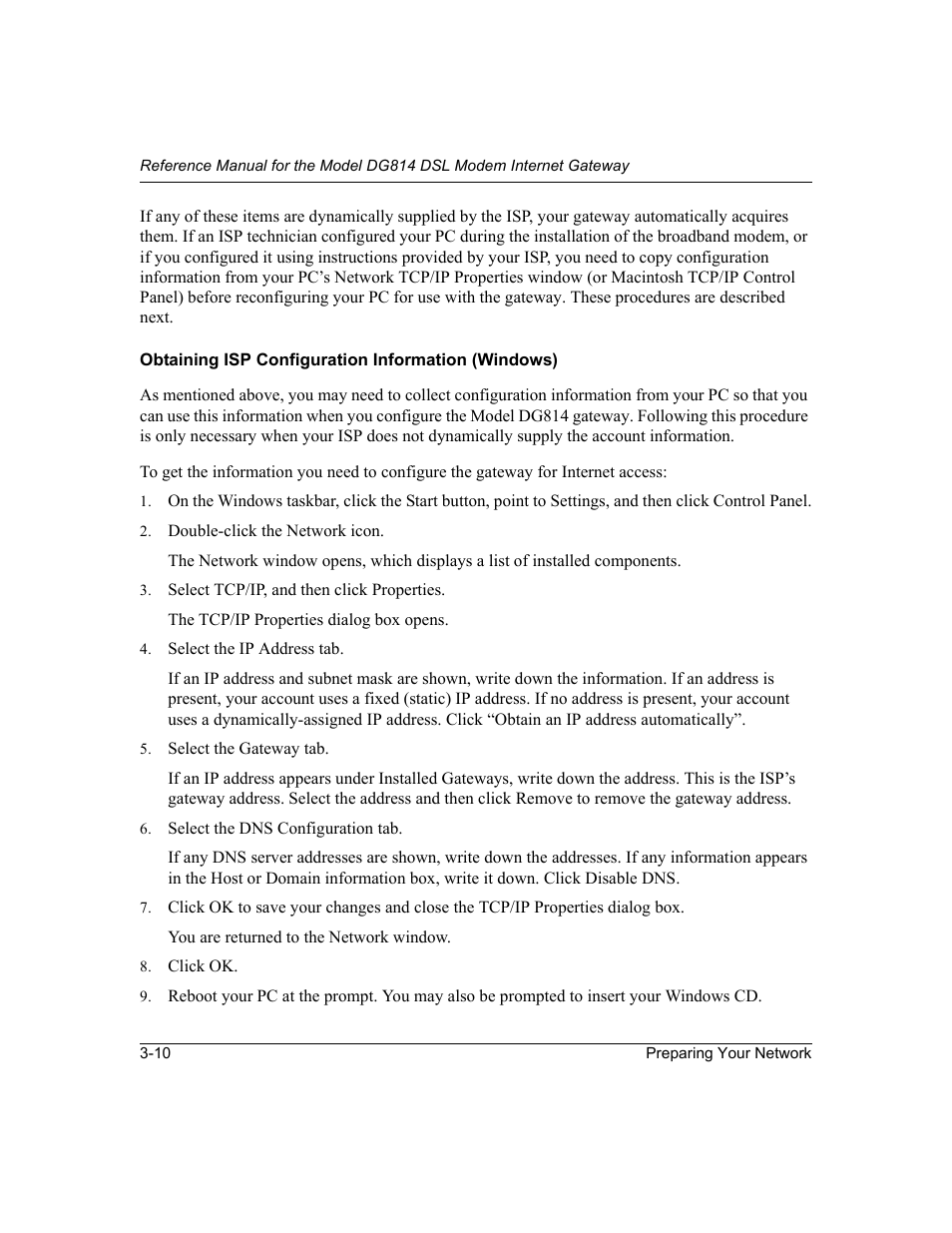 Obtaining isp configuration information (windows), Obtaining isp, Configuration information (windows) | NETGEAR DG814 DSL User Manual | Page 40 / 112