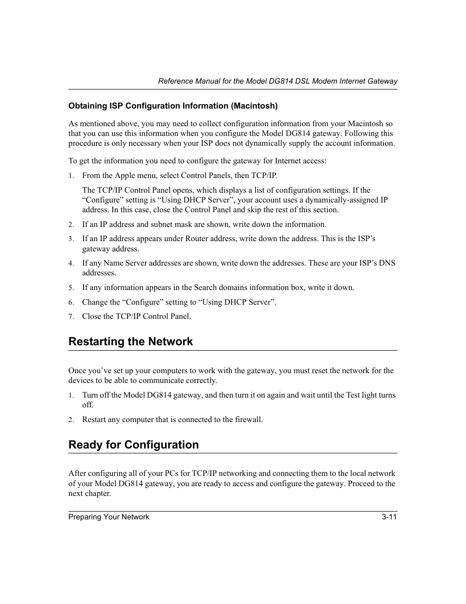 Restarting the network, Ready for configuration, Obtaining isp configuration | Information (macintosh) | NETGEAR DG814 DSL User Manual | Page 41 / 112