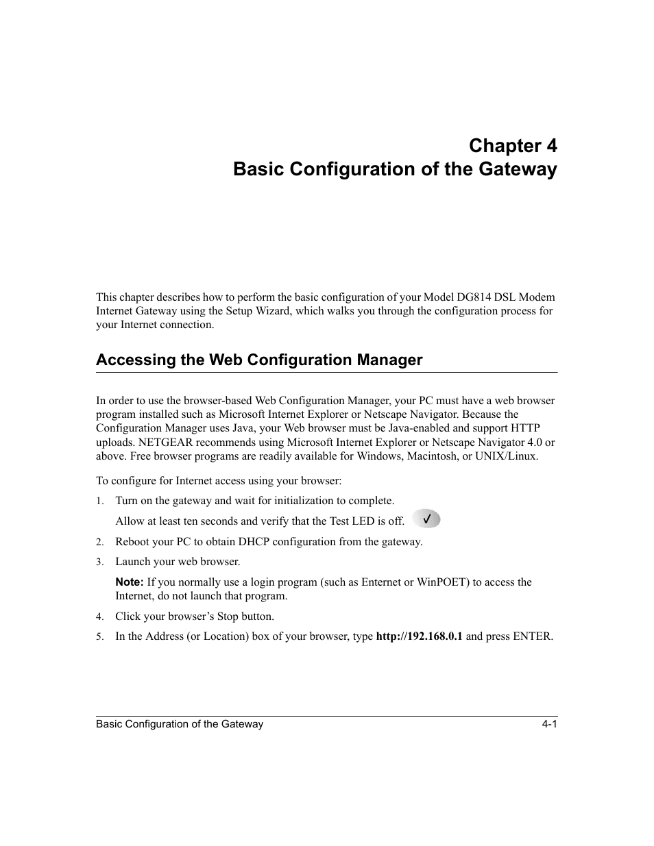 Chapter4 basic configuration of the gateway, Accessing the web configuration manager, Chapter 4 basic configuration of the gateway | Accessing the web configuration manager -1 | NETGEAR DG814 DSL User Manual | Page 43 / 112
