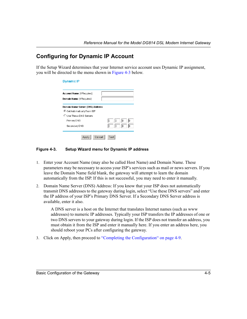 Configuring for dynamic ip account, Configuring for dynamic ip account -5, Figure 4-3 | Setup wizard menu for dynamic ip address -5 | NETGEAR DG814 DSL User Manual | Page 47 / 112